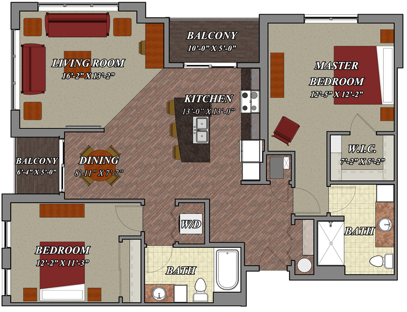 D2 Two Bedroom Two Bathroom Apartment Floor Plan 800 