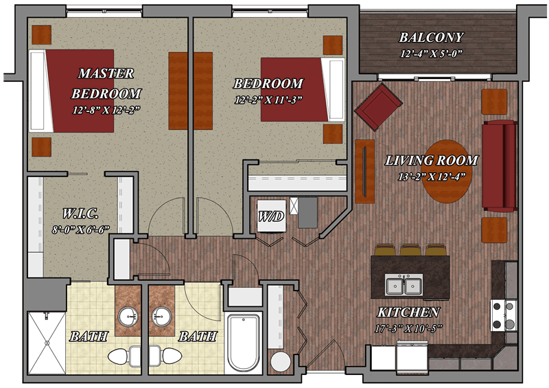 D3 Two Bedroom Two Bathroom Apartment Floor Plan 800 