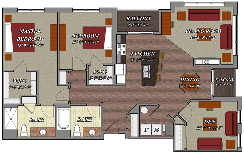 2 Bedroom 2 Bathroom Den Style E1  Lilly Preserve Apartments